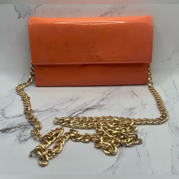 Gucci Handbags - GUCCI Coral Patent Leather Long Wallet w/ Chain Strap